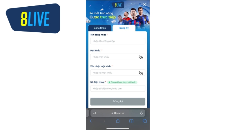 Đăng ký 8live trên điện thoại
